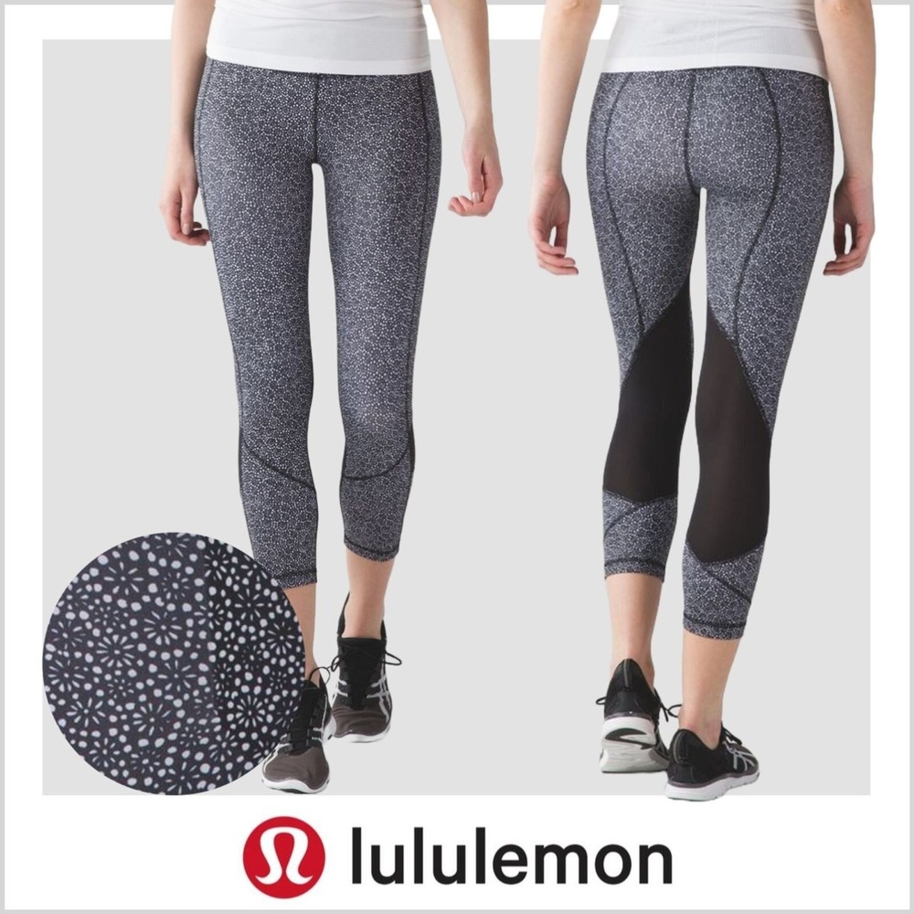Lululemon Leggings Womens 6 Black‎ White Highrise Crop Mesh Patterned Athletic